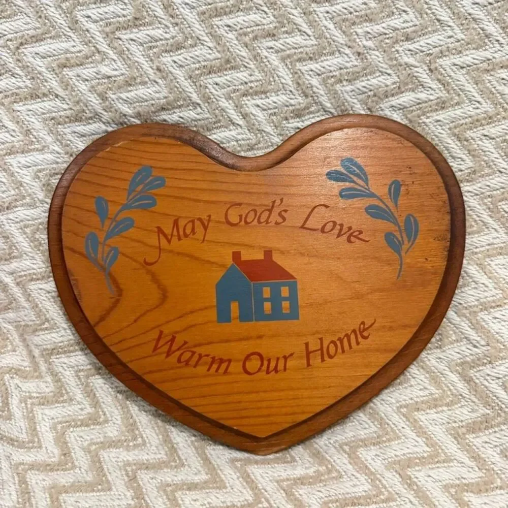 Vintage Wooden Heart Wall Plaque Decor May Gods Love Warm Our Home
